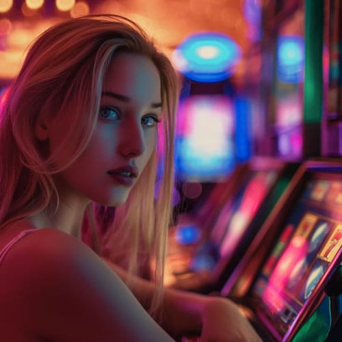 Девушка возле игрового автомата в игорном зале казино