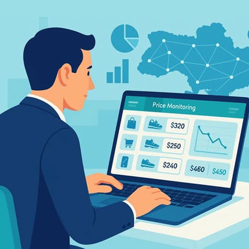 Український e-commerce менеджер аналізує ціни конкурентів — фахівець працює за ноутбуком із сайтом моніторингу цін, на екрані видно товари, графіки та динаміку цін, на фоні карта України.