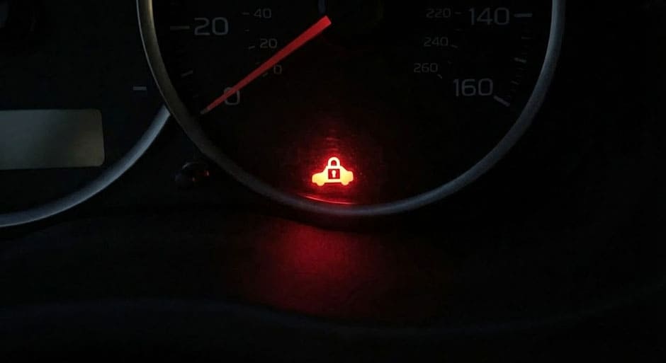 Крупный план приборной панели со светящимся красным значком иммобилайзера в виде машины с замком