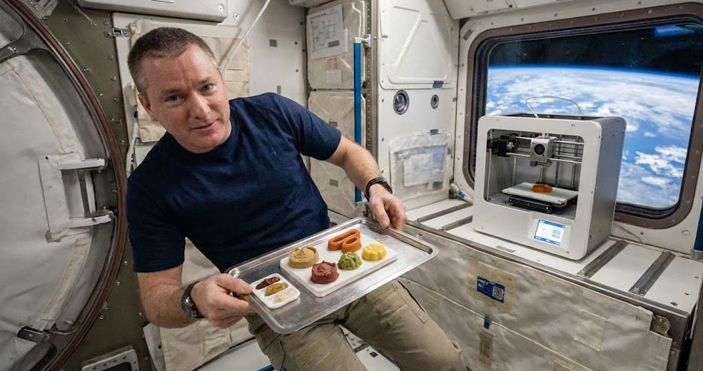 Астронавт на борту МКС держит поднос с напечатанной едой на 3D принтере