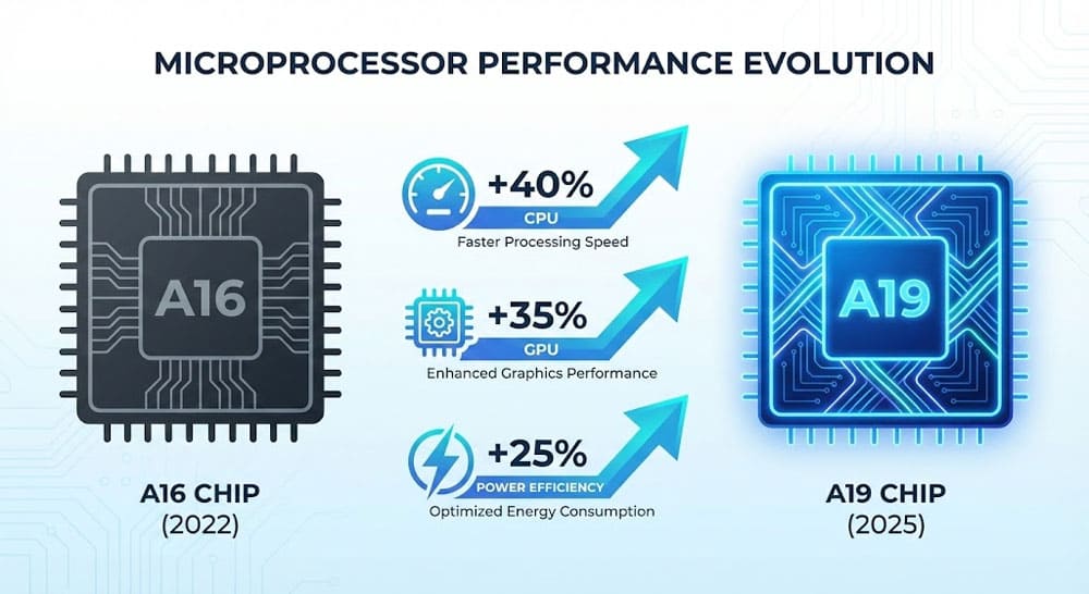 Порівняння продуктивності чіпів Apple A19 і A16 - інфографіка з приростом CPU, GPU та енергоефективності