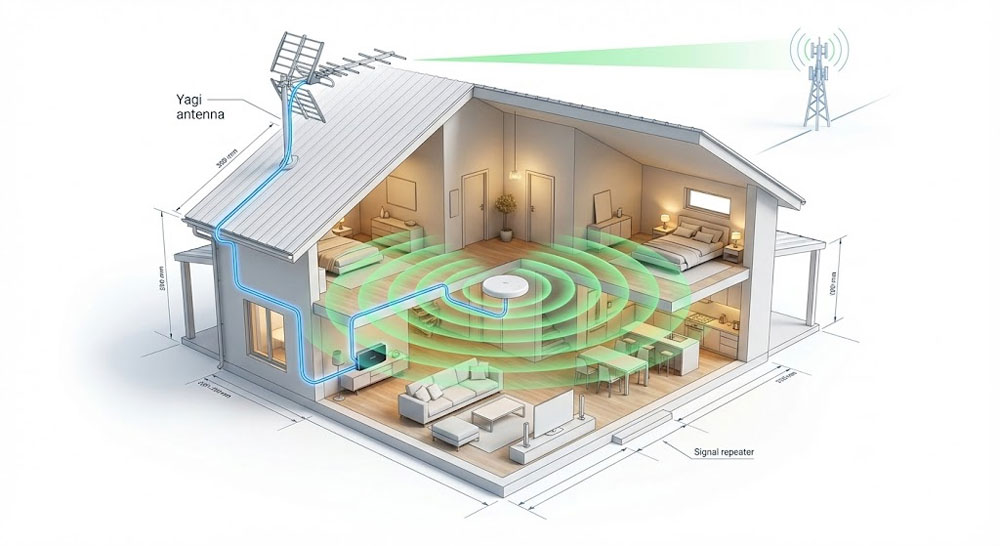 Схема роботи системи: Зовнішня антена -> Репітер -> Внутрішня антена