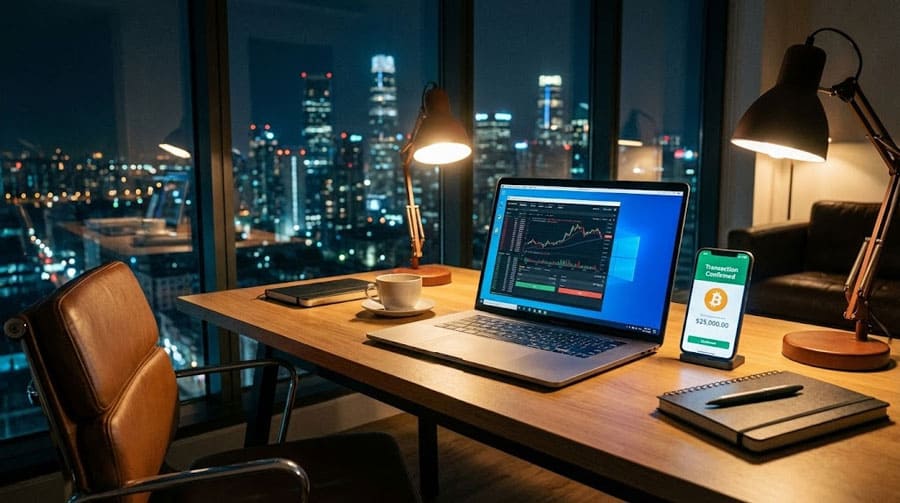 Удаленный рабочий стол RDP на экране ноутбука и оплата сервера биткоином через смартфон для бизнеса