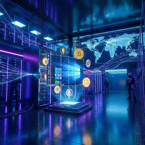 Серверная стойка с голограммой Windows и символами биткоина, иллюстрирующая аренду VPS с оплатой криптовалютой