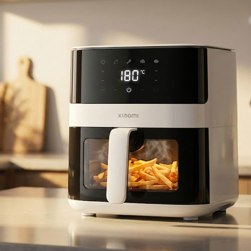 Мультипіч Xiaomi Smart Air Fryer 2026 на кухонній стільниці з золотистою картоплею фрі всередині