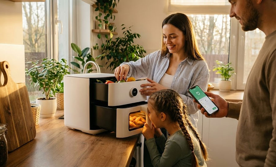 Українська сім'я за столом із стравами, приготованими в Xiaomi Air Fryer