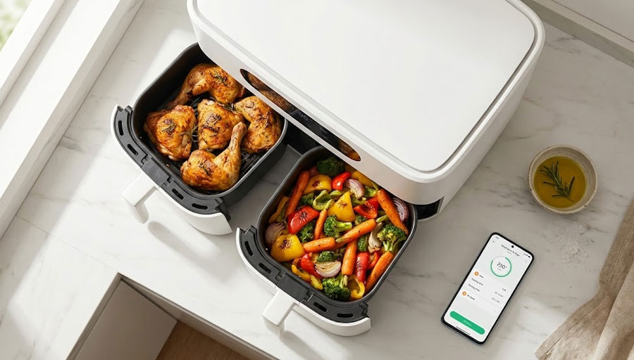 Мультипіч Xiaomi Smart Air Fryer 2026 на кухонній стільниці з золотистою картоплею фрі всередині