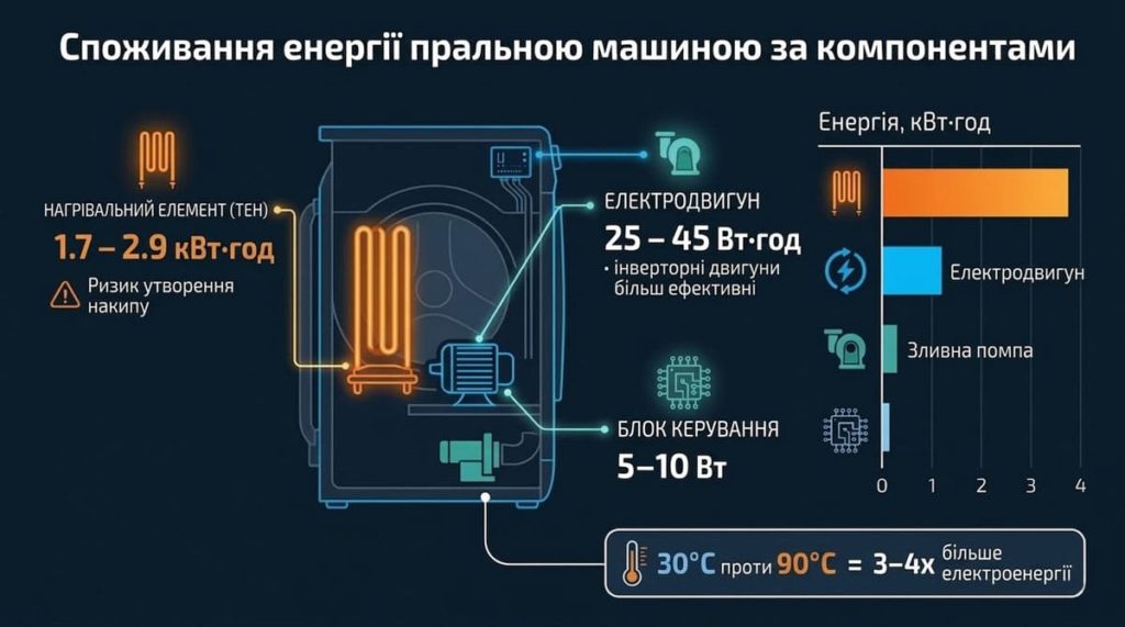 споживання електроенергії елементами пральної машини