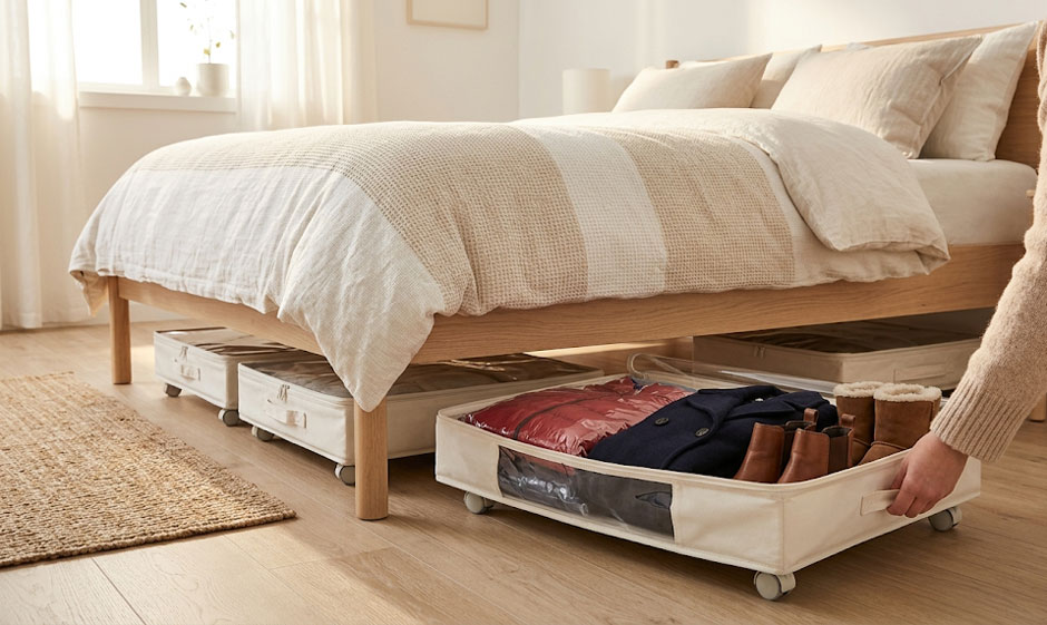 использование пространства под кроватью для хранения зимних курточек