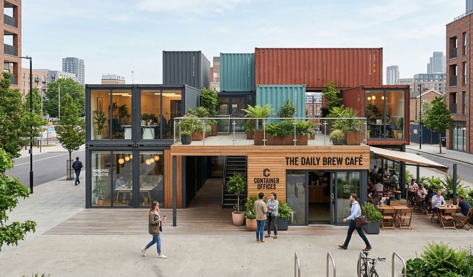 Контейнерный кафе-офисный комплекс, построенный из переоборудованных морских
контейнеров