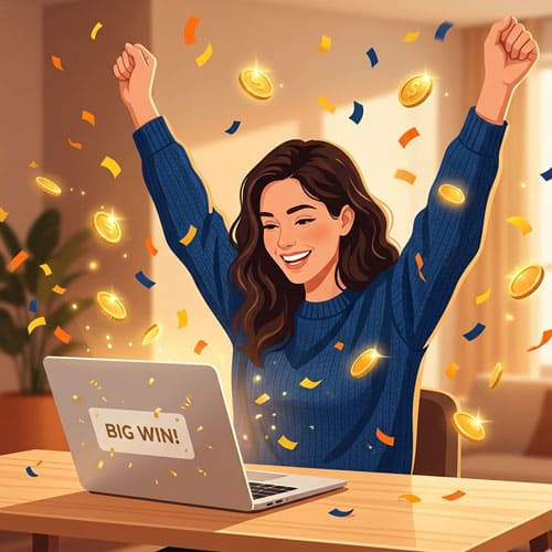 Девушка радуется выигрышу с бездепозитным бонусом казино