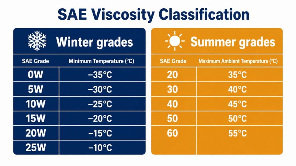 Таблица классификации моторных масел по вязкости SAE: зимние классы 0W–25W
и летние классы 20–60 с диапазонами рабочих температур