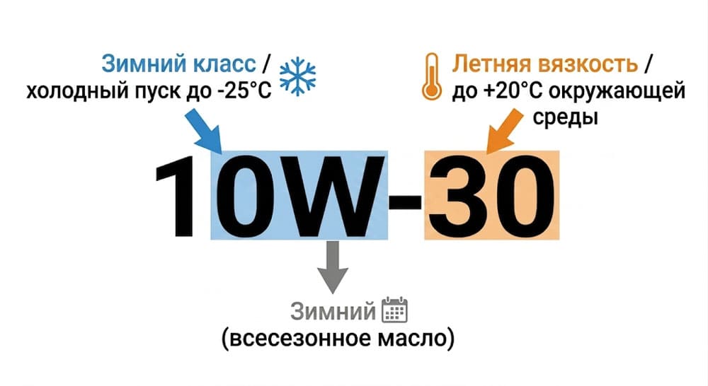 Расшифровка маркировки моторного масла 10w30: цифра 10 — зимний класс вязкости
до −25°C, буква W — всесезонное масло, цифра 30 — летняя вязкость до +20°C